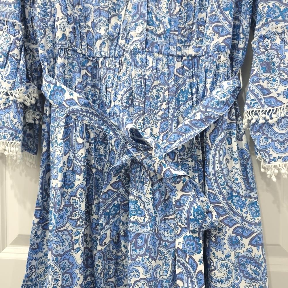 Cottage Core Blue White Paisley Dress Lace Trim, Bell Sleeves, Tiered Hem - Picture 8 of 16